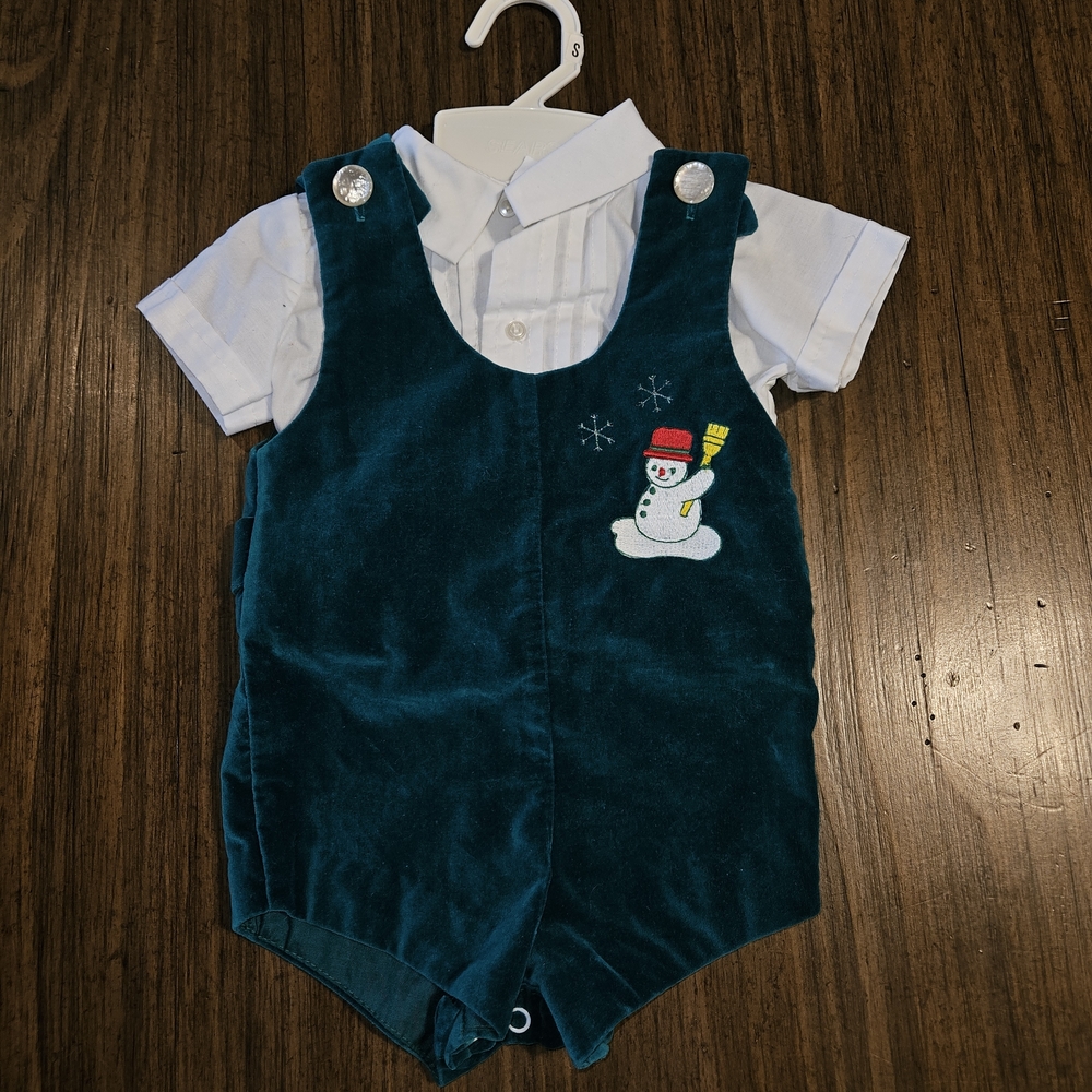 Festive Teal Snowman Kids Romper Set Vintage